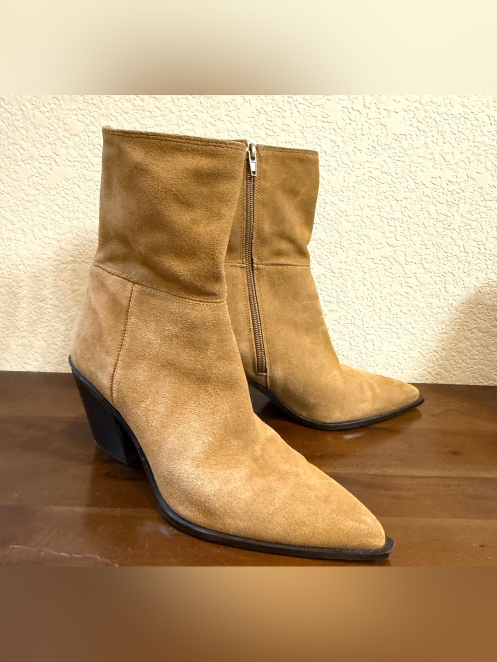Zara Split Leather Suede Ankle Cowboy Boots Point Toe Block Heel Sz 40